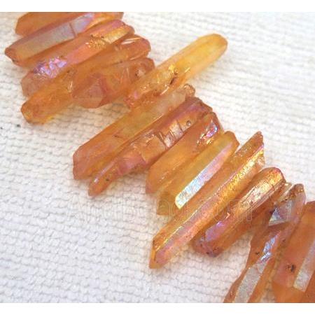 clear quartz bead, stick. freeform, orange AB-color