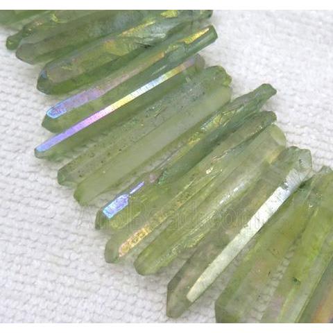 clear quartz stick beads, freeform, green AB-color