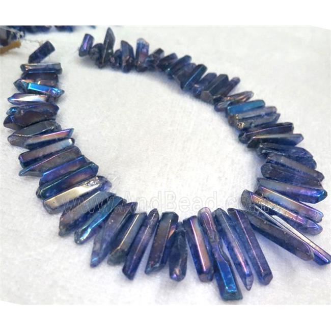 polished Clear Quartz stick beads, freeform, blue