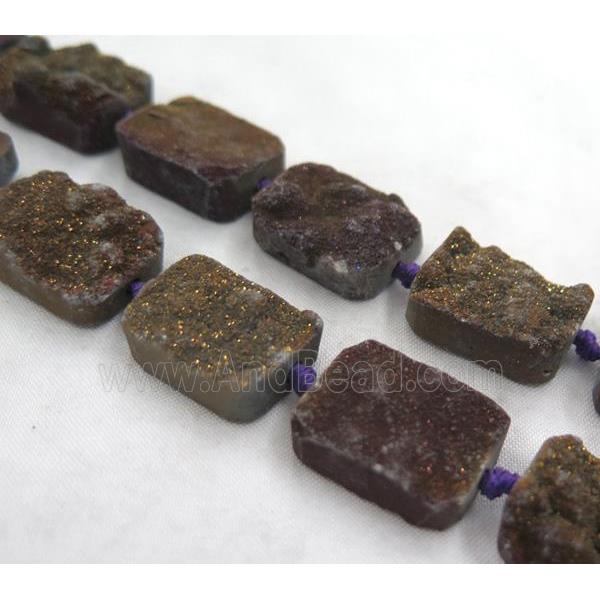 druzy quartz bead, rectangle, purple electroplated