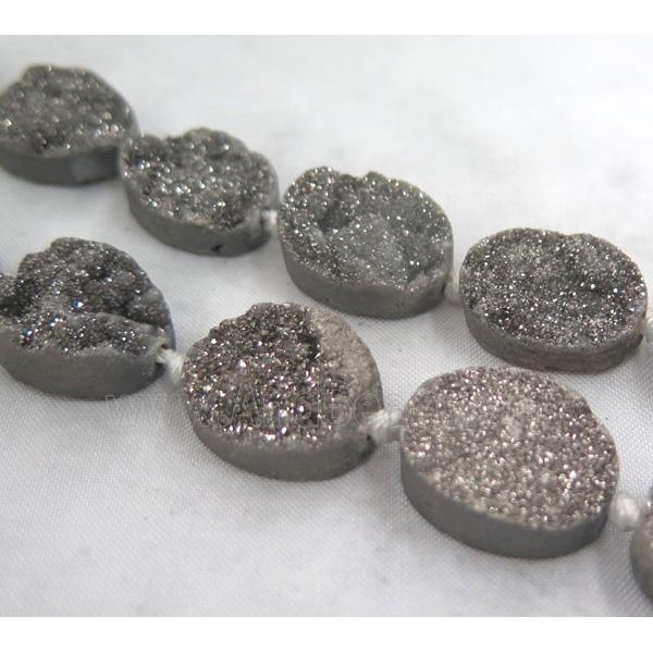 druzy quartz bead, oval, silver electroplated