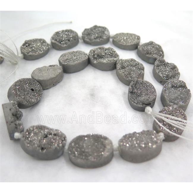 druzy quartz bead, oval, silver electroplated