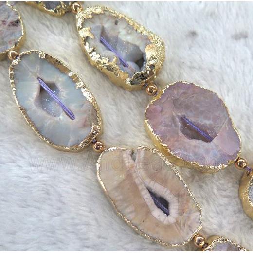 druzy Agate beads, pink, freeform, gold plated