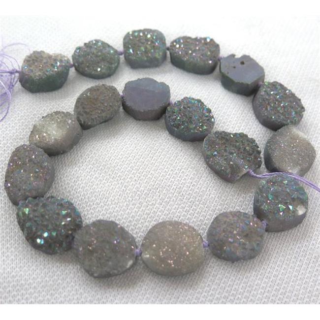 druzy quartz bead, freeform, gray rainbow electorplated