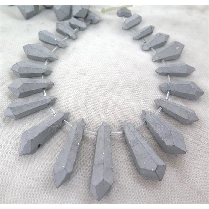 matte Clear Quartz Bullet Beads, top-drilled, silver electroplated