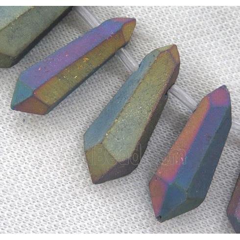 matte Clear Quartz Bullet Beads, top-drilled, rainbow electroplated