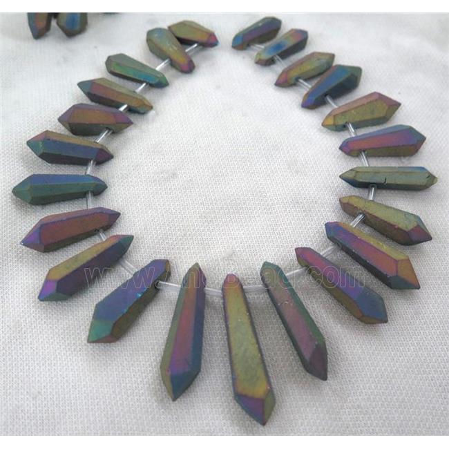 matte Clear Quartz Bullet Beads, top-drilled, rainbow electroplated