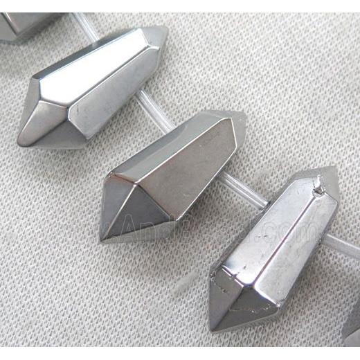 Clear Quartz Bullet Beads, top-drilled, silver electroplated