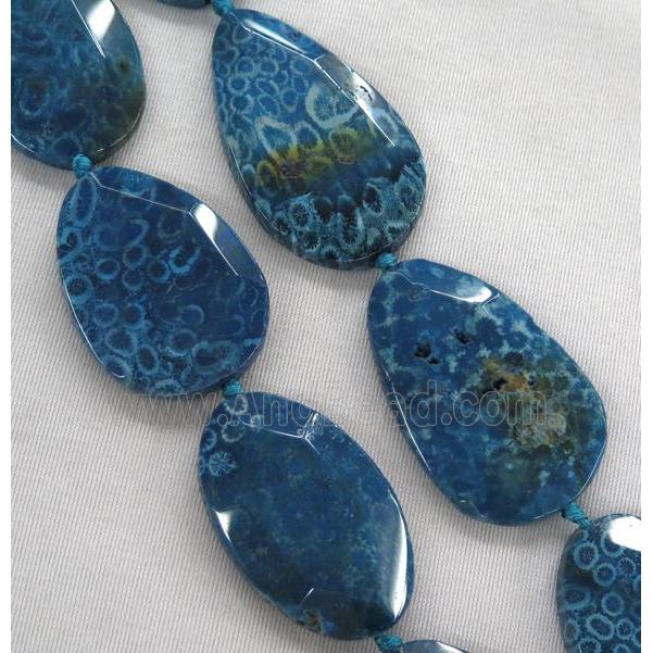 blue Coral Fossil slice beads, faceted freeform, dye
