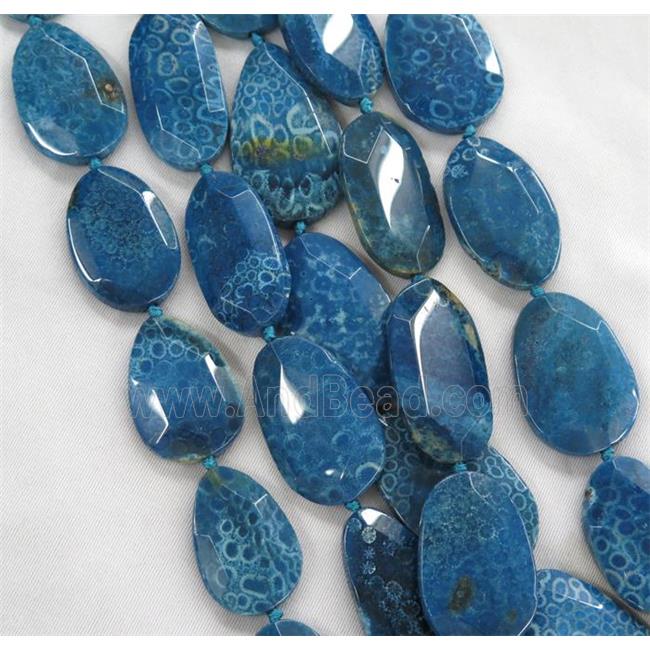 blue Coral Fossil slice beads, faceted freeform, dye