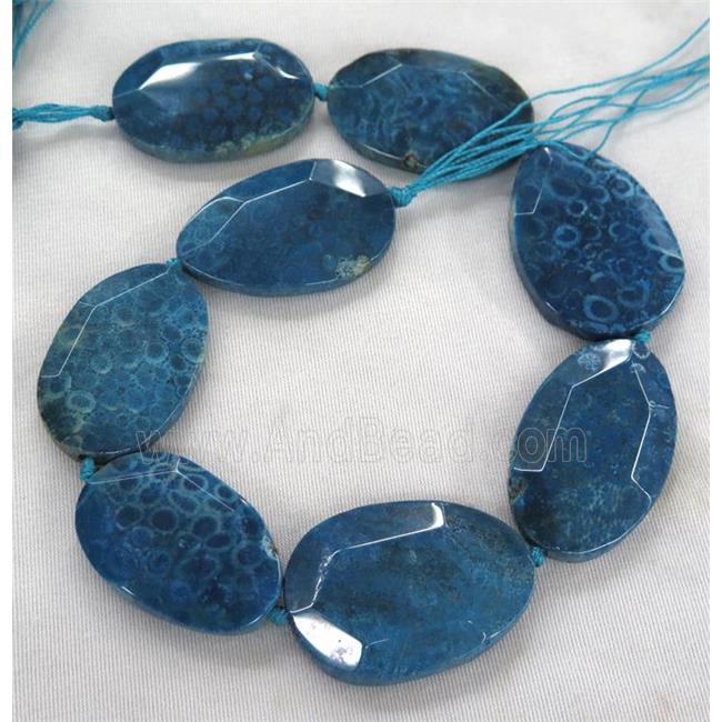 blue Coral Fossil slice beads, faceted freeform, dye