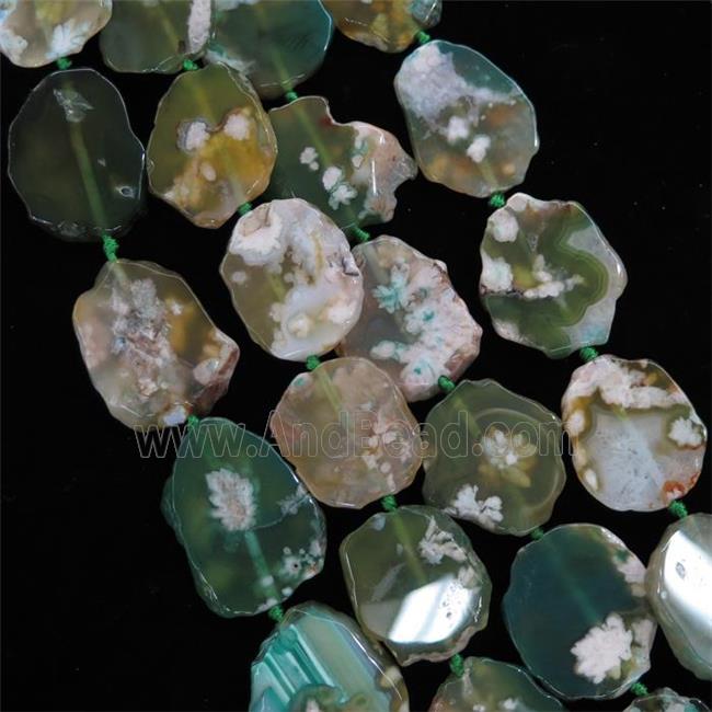 green Cherry Agate slice beads, flat freeform