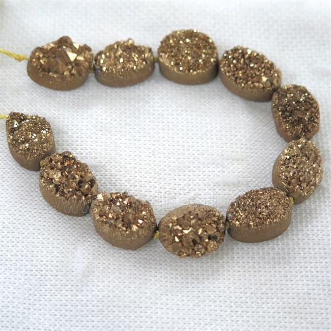 gold druzy quartz beads, oval