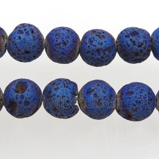 round Lava stone beads, blue electroplated