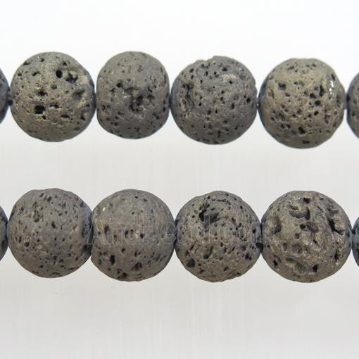 round Lava stone beads, coffee electroplated, pyrite