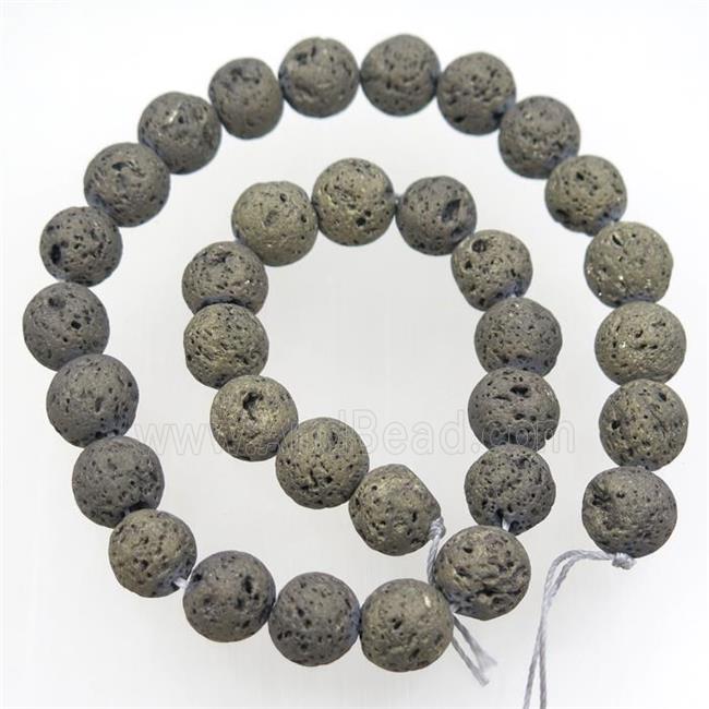 round Lava stone beads, coffee electroplated, pyrite