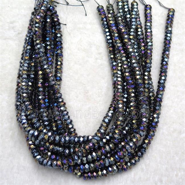 black Onyx agate beads, faceted rondelle, rainbow electroplated