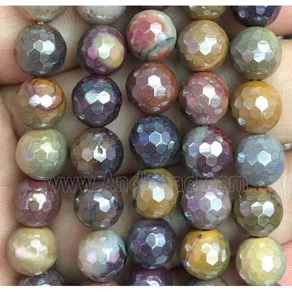 faceted round Mookaite beads, light electroplated