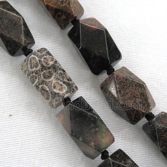 black Coral Fossil beads, faceted, nugget