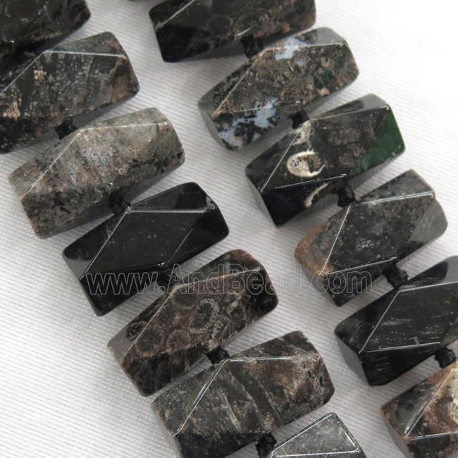 black coral fossil bead, faceted cuboid, nugget