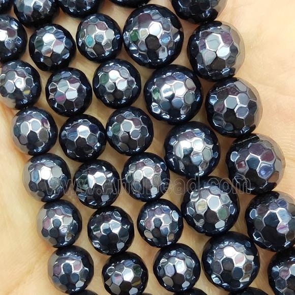 black agate beads, faceted round, light electroplated