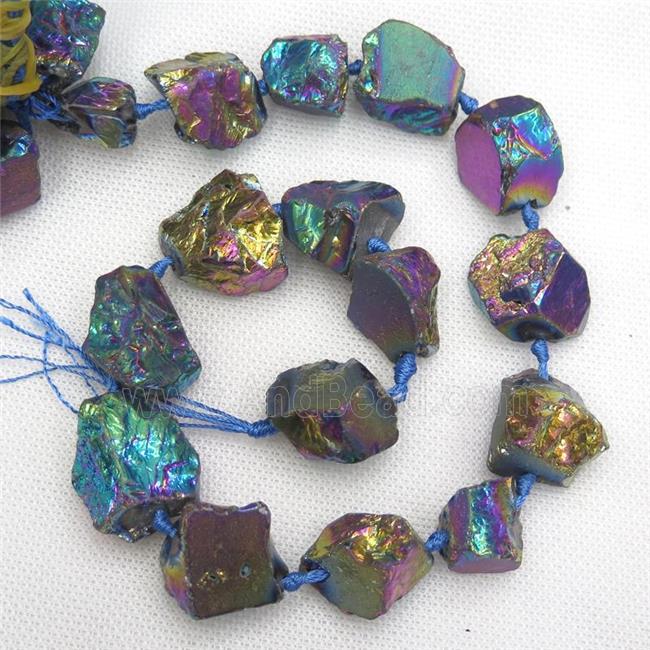 Crystal Quartz Nugget Beads, freeform, rainbow electroplated