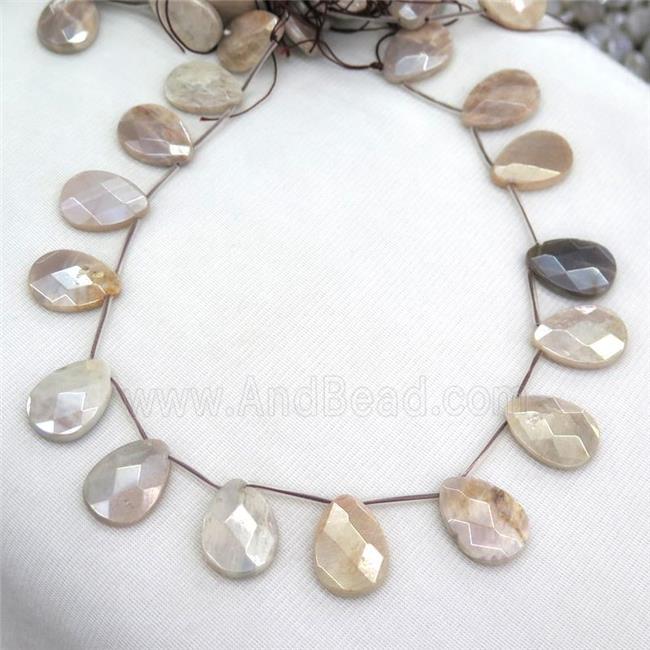 MoonStone Beads, faceted teardrop, top-drilled, light electroplated