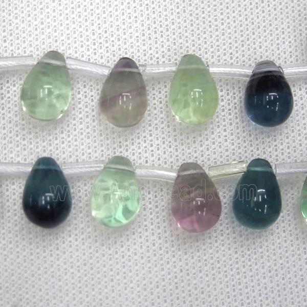 Fluorite beads, teardrop, multi-color, top-drilled