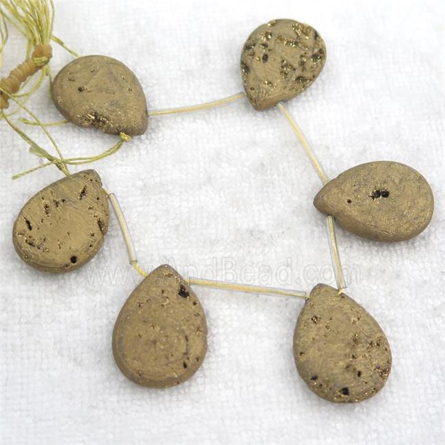 gold Druzy Agate teardrop beads, topdrilled