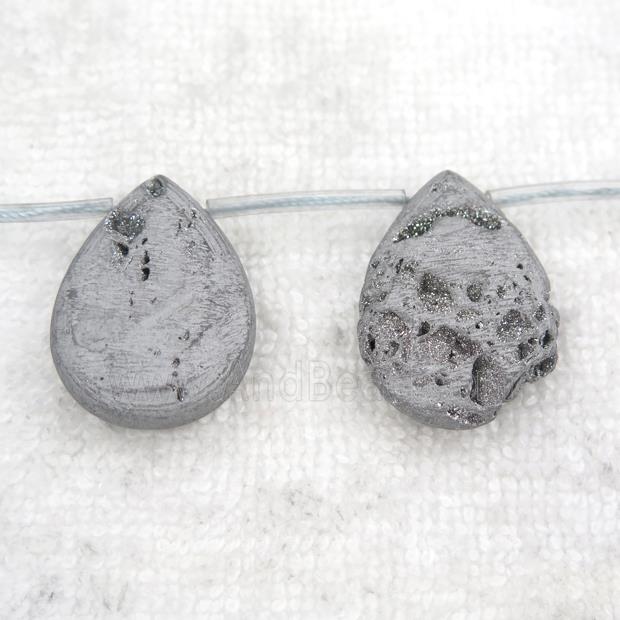 silver Druzy Agate teardrop beads, topdrilled