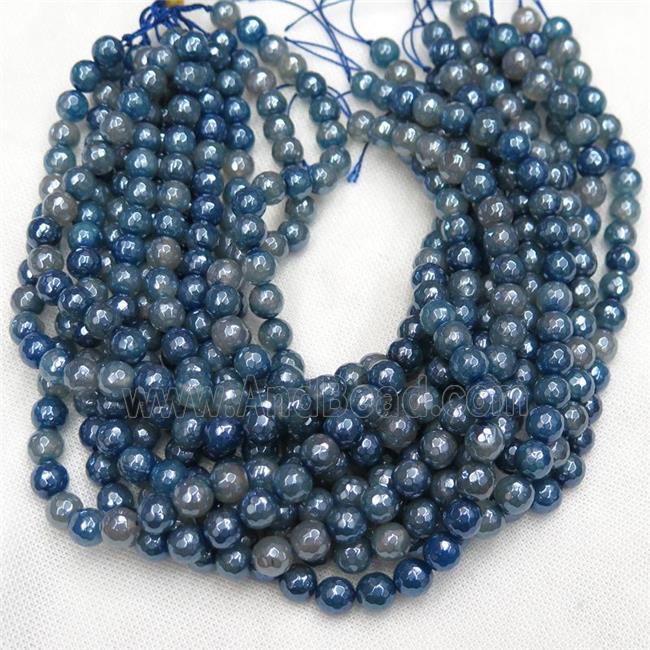 faceted round blue Agate Beads, light electroplated
