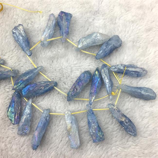 crystal quartz stick beads, freeform, blue electroplated