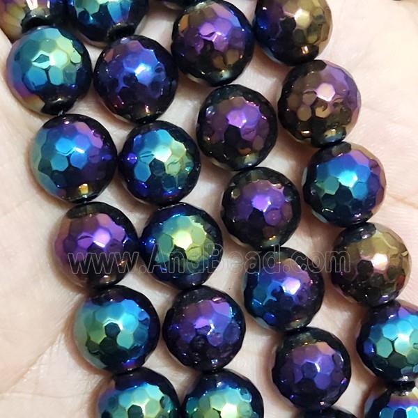faceted round Black Agate beads with rainbow electroplated