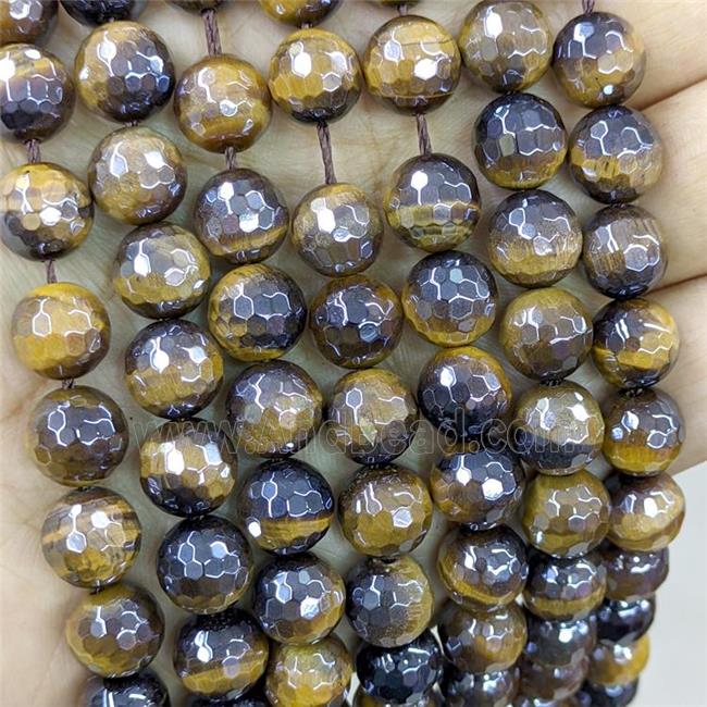 yellow Tiger eye stone beads, faceted round, light electroplated