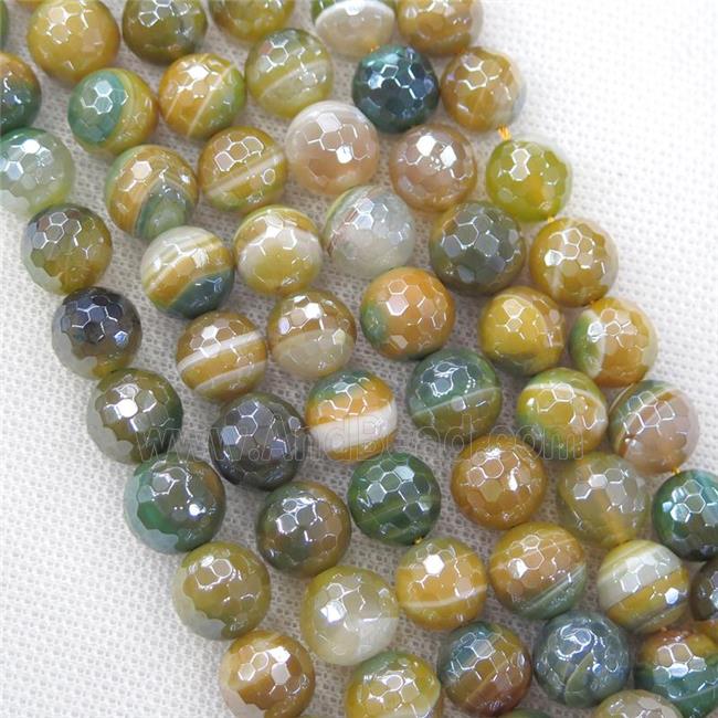 olive Striped Agate Beads, faceted round, light electroplated