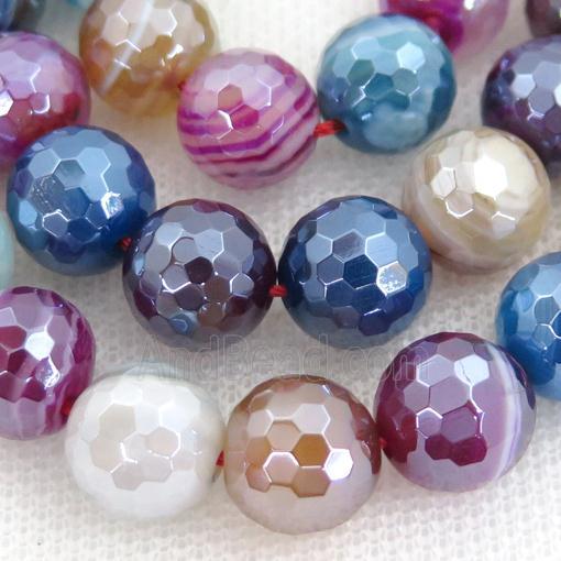 Natural Stripe Agate Beads Banded Mix Color Dye Faceted Round Light Electroplated