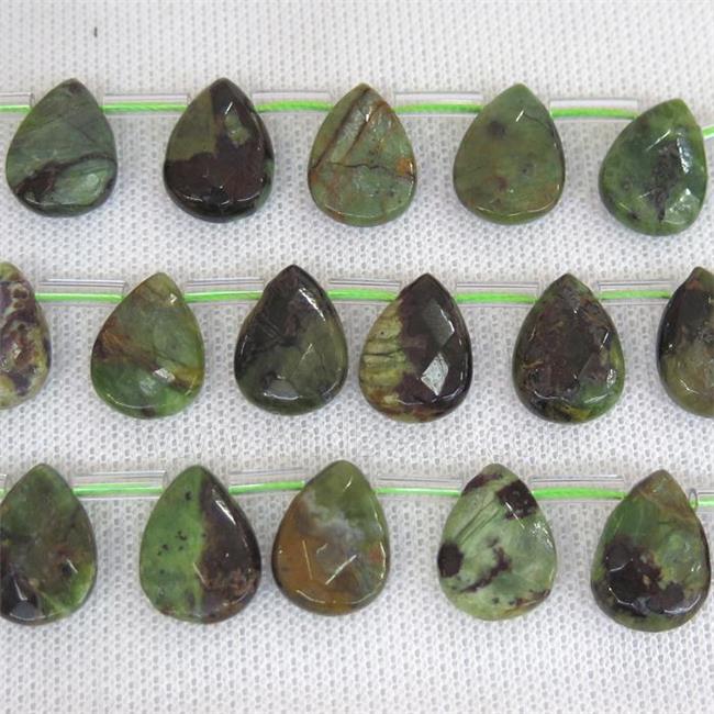 green Opal Jasper beads, faceted teardrop, top-drilled