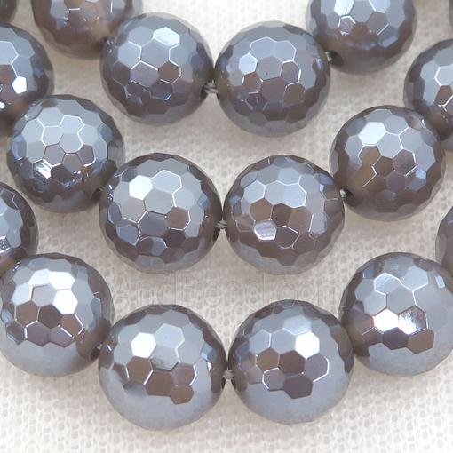 Natural Gray Agate Beads Faceted Round Light Electroplated