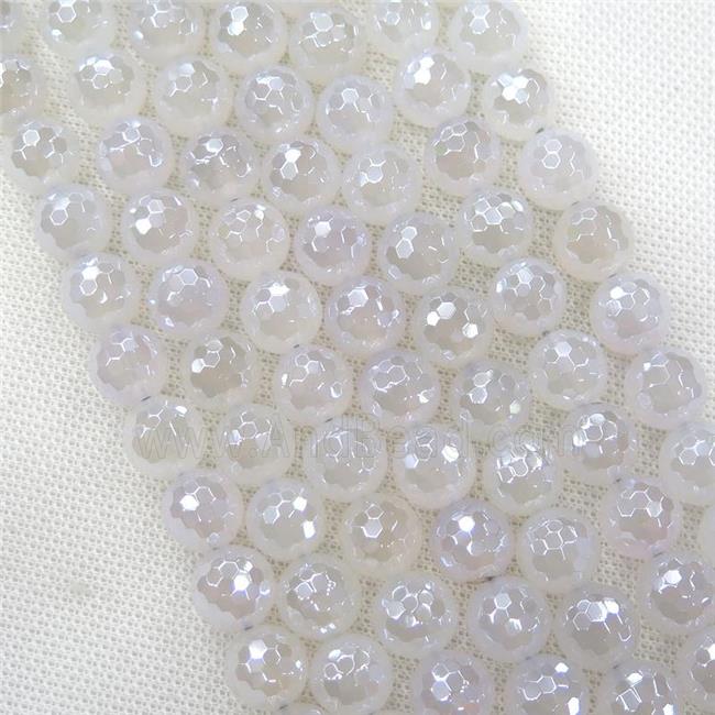 Natural White Agate Beads Faceted Round Light Electroplated