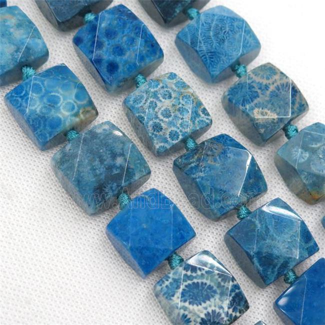 blue Coral Fossil beads, faceted square