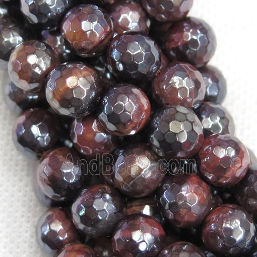 red Tiger eye stone beads, faceted round, light electroplated