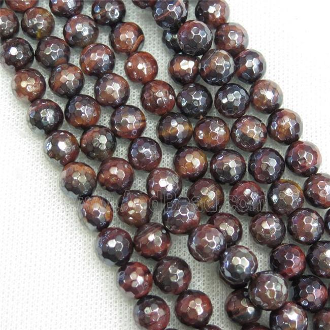 red Tiger eye stone beads, faceted round, light electroplated