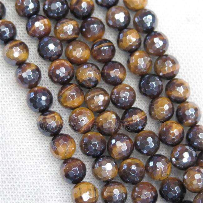 Tiger eye stone beads, faceted round, light electroplated