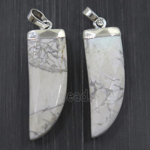 white howlite horn pendant, silver plated