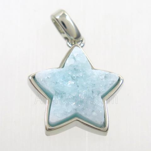 druzy quartz pendant, star, platinum plated