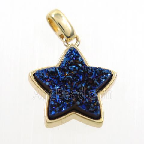 blue electroplated druzy quartz pendant, star, gold plated
