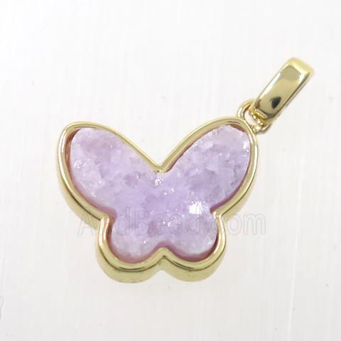 purple druzy quartz pendant, butterfly, gold plated