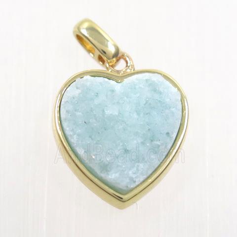 aqua druzy quartz heart pendant, gold plated