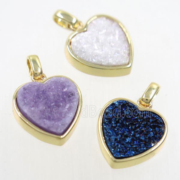 druzy quartz heart pendant, mix color, gold plated