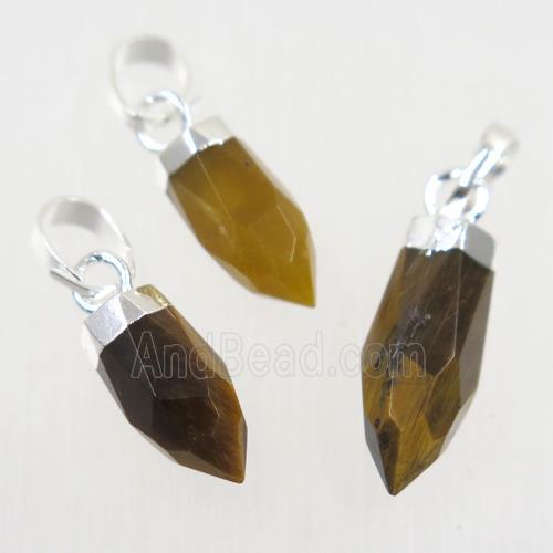 yellow Tiger eye stone pendant, faceted bullet, silver plated